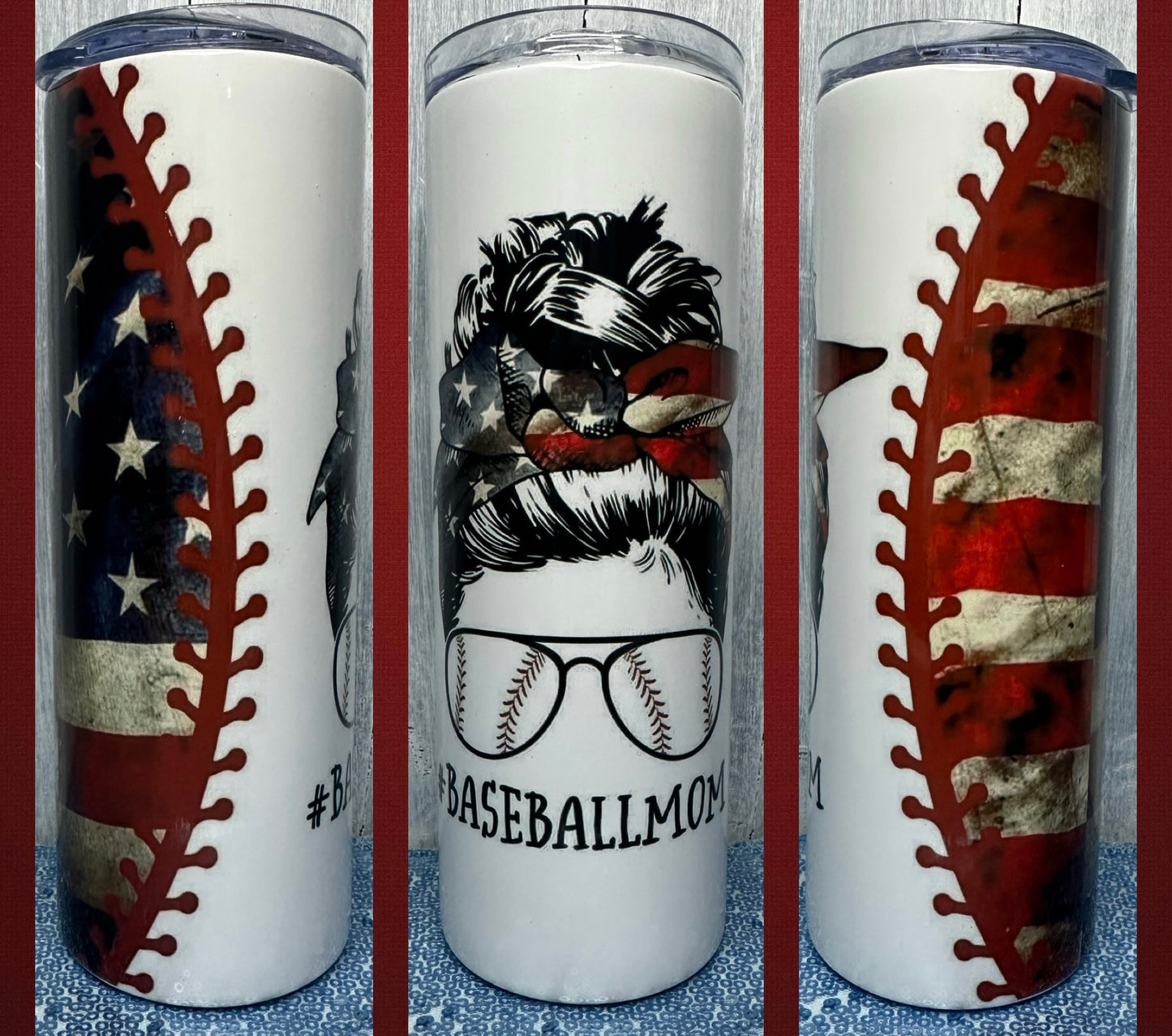 American flag messy bun baseball mom 20 oz tumbler