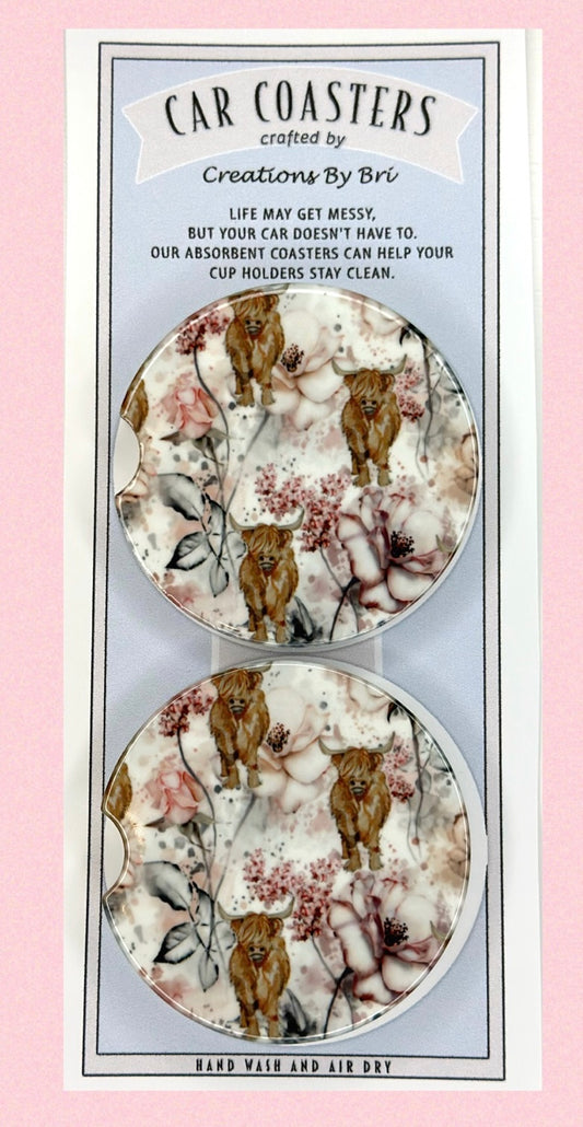 Floral highland car coasters