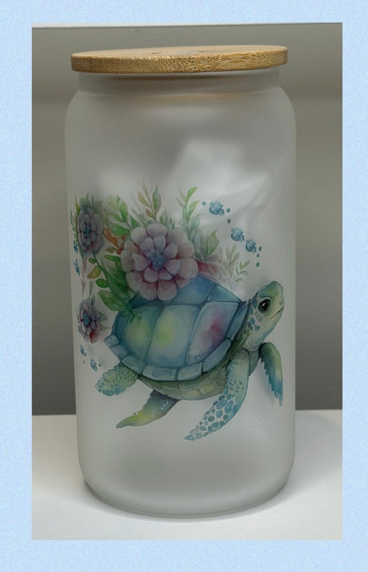 Teal turtle glass cup