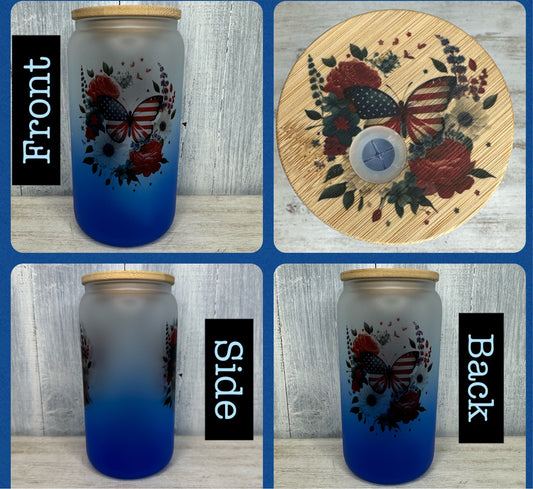 Red White & Blue floral butterfly glass cup