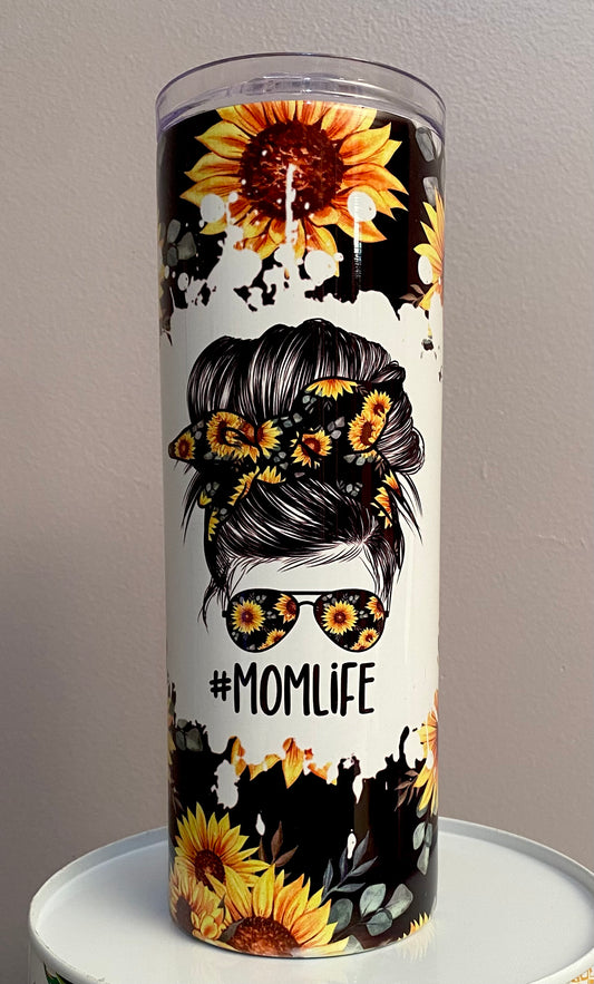 sunflower messy bun mom life 20 oz tumbler