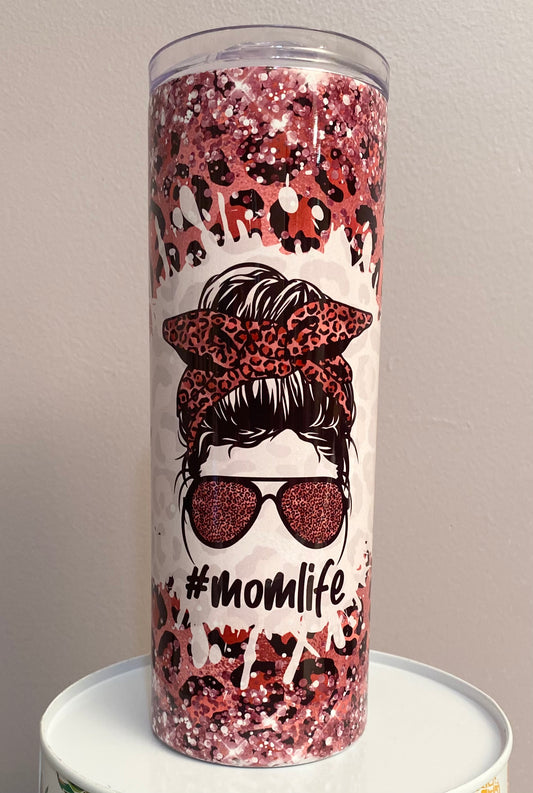 pink cheetah messy bun mom life 20 oz tumbler
