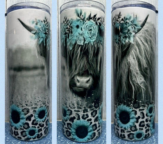 Blue floral highland cow 20oz tumbler