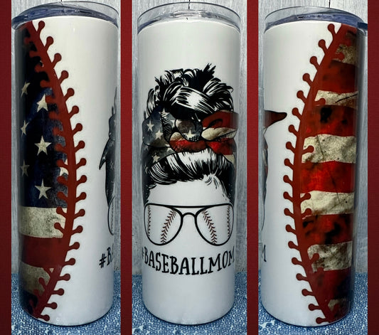 American flag messy bun baseball mom 20 oz tumbler