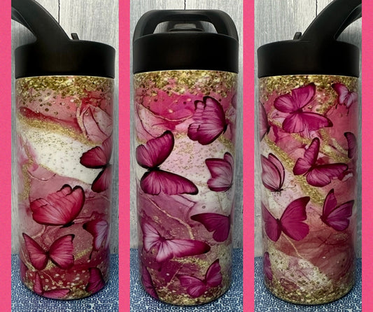 Pink marble butterfly 16 oz tumbler